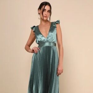 Lulus Exceptional Drama Sage Green Satin Lace-Up Pleated Maxi Dress